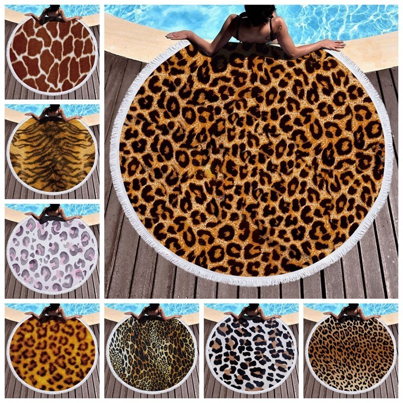 Luipaard Tijger Patroon Gedrukt Ronde Strandlaken Met Kwasten Microfiber 150Cm Zomer Zwemmen Picknick Mat Tapijt Reizen Deken