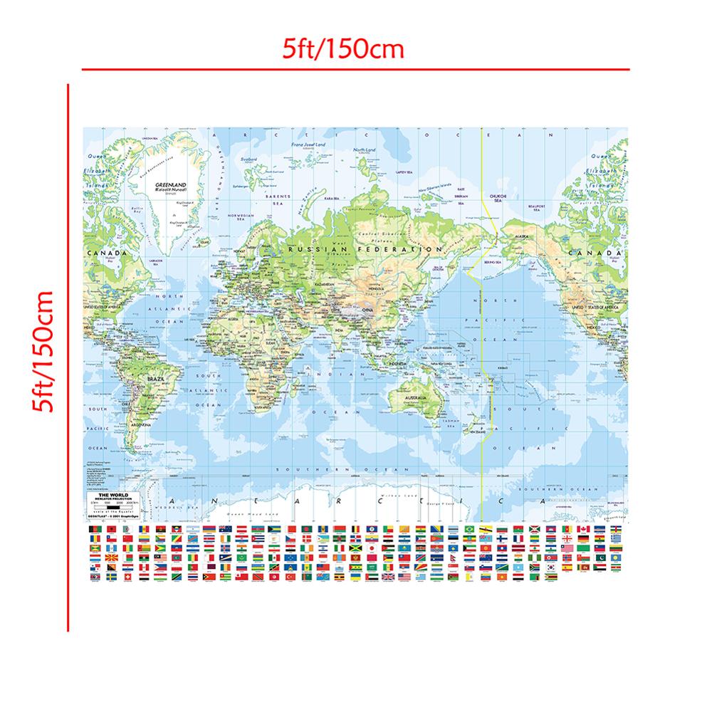 150x150cm Non-woven Spray Map Mercator Projection World Map with National Flag For Culture and Education