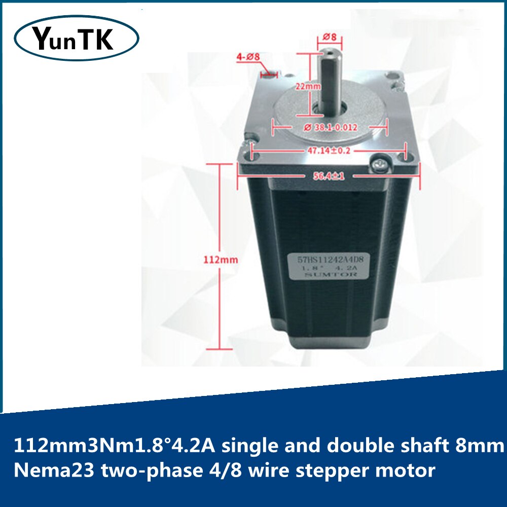 Nema23 two-phase 4/8 wire stepper motor 112mm high torque 3Nm1.8°4.2A single and double shaft 8mm24v high performance motor