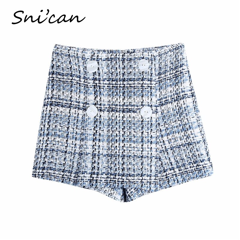 Pantalon à carreaux en Tweed avec boutons pour Femme, tenue courte pour bureau, Vintage, uniforme, taille haute, bas Chic, Za,