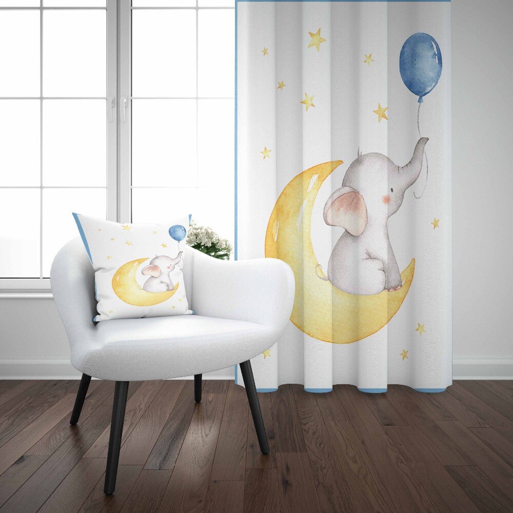 Ellers hvid gulv gul måne elefant blå ballon 3d børn print baby børn vinduespanel sæt gardin kombinere pudebetræk