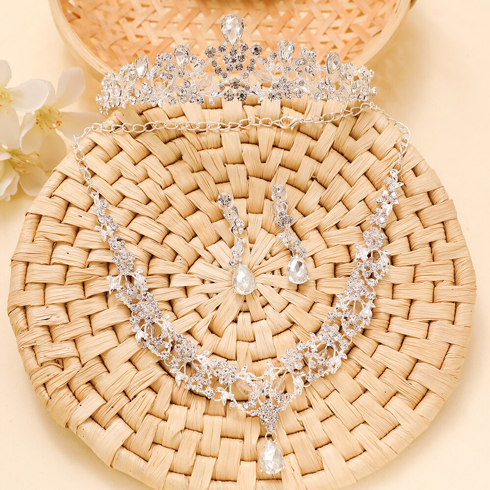 Koreanisch Strass Schmuck setzt Prinzessin Hochzeit Braut Halskette Anhänger Frauen Party Tiara Krone mit Baumeln Ohrringe Neue