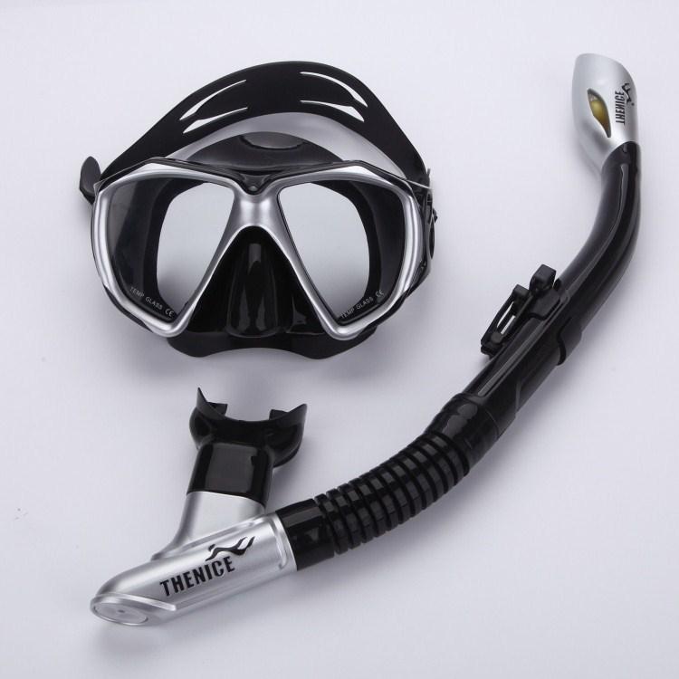 Diving Mask Scuba Full Face Mask with Anti-fog Goggles All-Dry Breathing Tube On For Underwater Snorkeling Spearfishing: Silver black