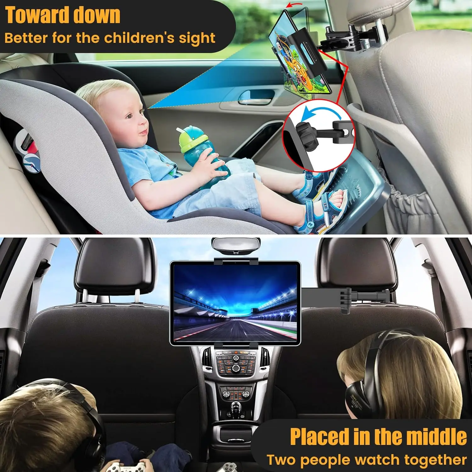 Tablethouder voor auto, iPad-hoofdsteunhouder voor tablet/ipad/telefoons Auto-tablethouder met 360° ° Roterend Verstelbaar