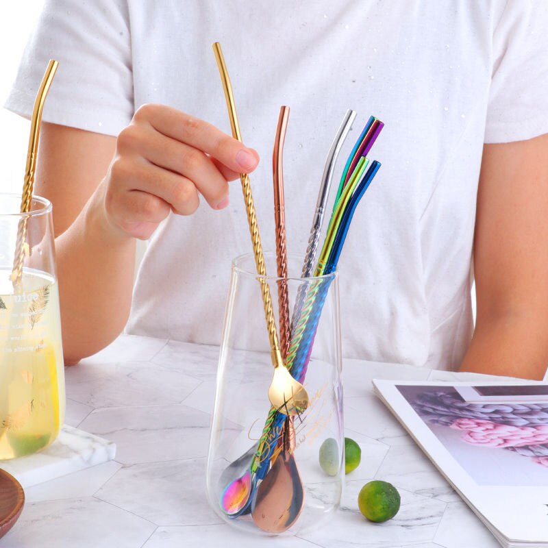 Drinking Twisted Straw Spoon Stainless Steel Long Handle Tea Scoop Coffee Stir Stick For Bar Party Dinnerware Set