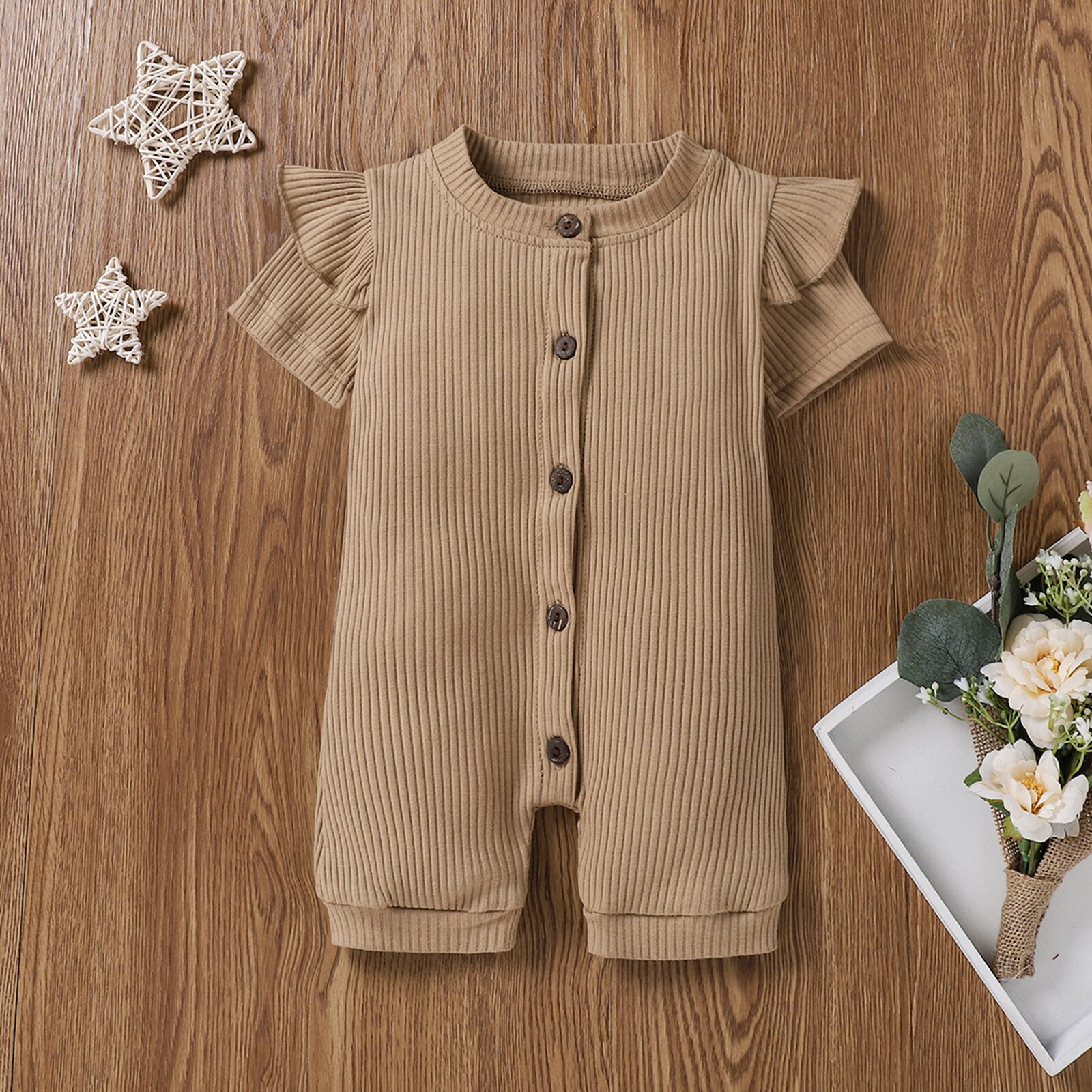 Combinaisons d'été pour tout-petits, barboteuses côtelées à manches courtes et col rond de couleur unie pour bébés filles de 0 à 18 mois