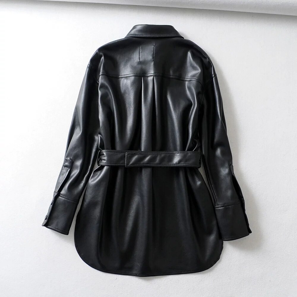 Nero Faux Delle Donne giacca di pelle Sottile DELL&#39;UNITÀ di elaborazione di Giubbotti Donne Elegante Della Cinghia del Legame Della Vita biker giacca Femminile cappotto di pelle pieno inverno