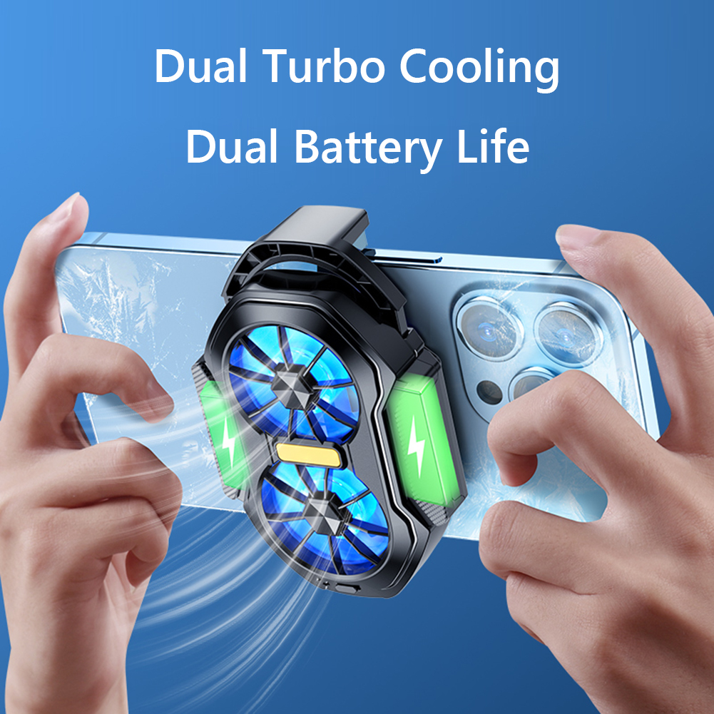Dual Fan Mobile Phone Cooler Plug-in/Rechargeable Cell Phone Cooling Fan Type-C with Blue Light for Android IOS PUBG Game Cooler