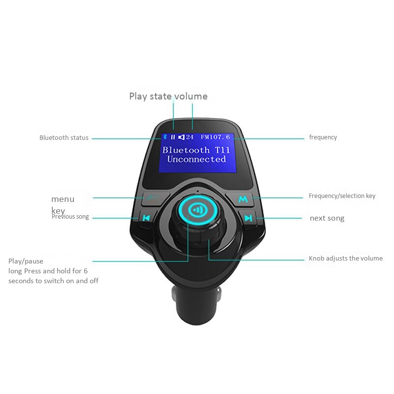 T11 Car Mp3 Player Wireless transmisor Fm con Bluetooth FM modulador Kit de manos libres para coche A2DP Dual USB cargador para teléfono