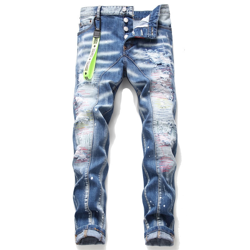 Kimsere heren hi street destroyed jeans merk gescheurde denim broek met gatenpatches gescheurde jeans rechte pasvorm