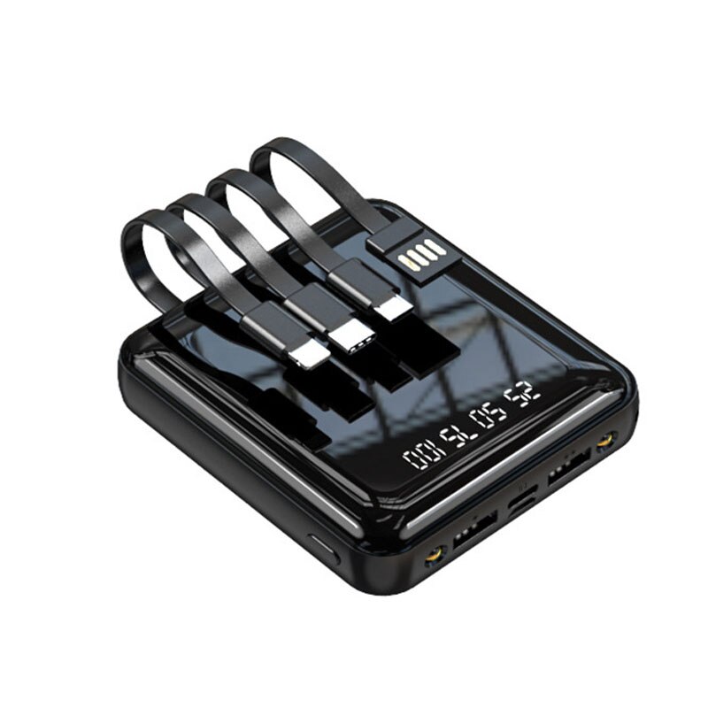 20000mAh Mini Power Bank Mit Micro USB TYP C Kabel Tragbare Ladegerät LED Spiegel Power Bank Externe Batterie Pack power: Black