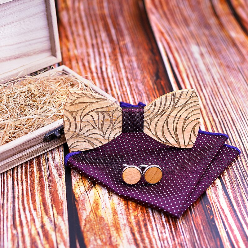 Men Wooden bow tie set Handkerchief Cufflinks wood bowtie wedding tie corbata Wooden Ties Gravata set gentlemen wear