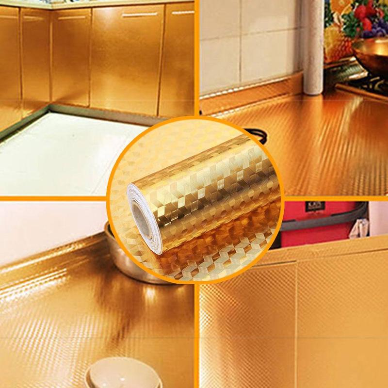 Guld komfur køkkenolie bevis mærkat høj temperatur kabinet klistermærke folieresistent aluminium selvklæbende vægpind hætte  w0 n 0