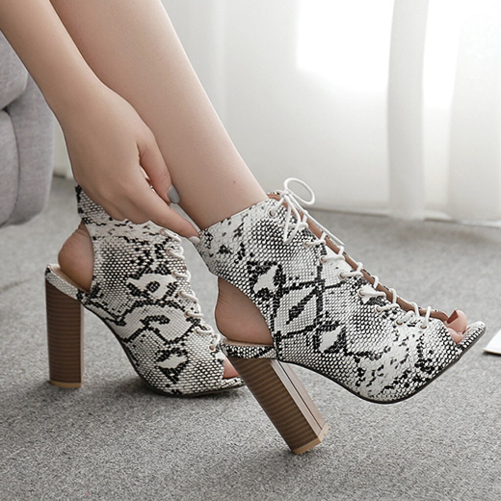 Summer Women's Sandals Snakeskin Strap High Heels Peep Toe Shoes Shallow Mature sandalias Ladies Boots Casual Shoes