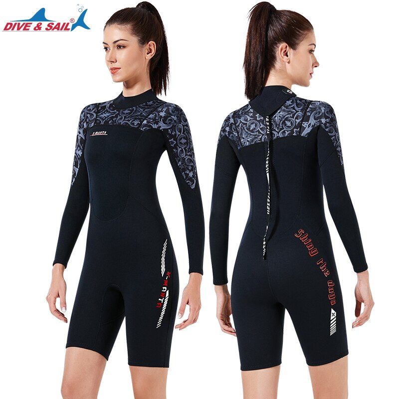 Women's 1.5mm Back Zip Long Sleeve Short Spring Wetsuit Long Sleeve One Piece Shorty Wet Suit for Water Sports Scuba Dive Suit