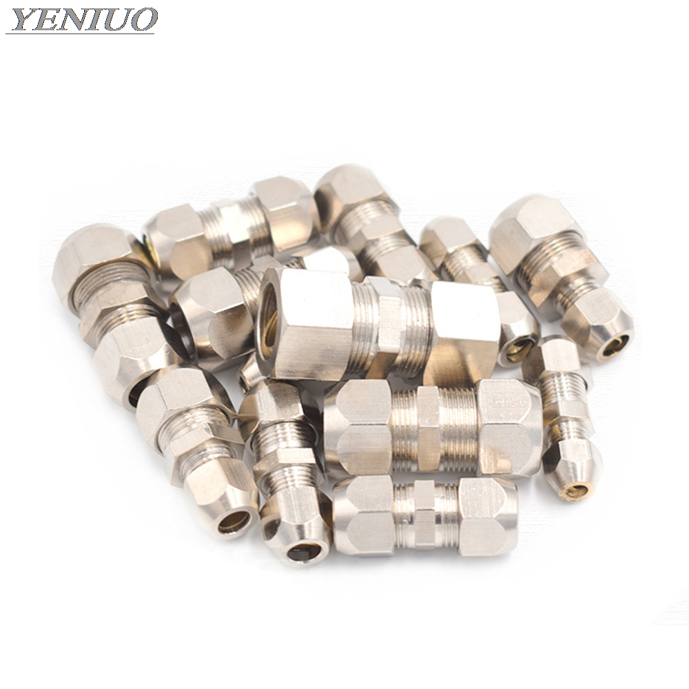 Compression Ferrule Tube Fitting 4-16mm Brass Pipe Double Card Set Copper Joints Tubing Nut Lock Double Straight