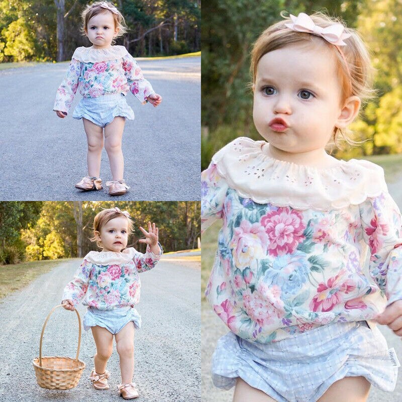 Newborn Infant Toddler Baby Girls Lace Floral T-shirt Flower Tops Blouse Outfits