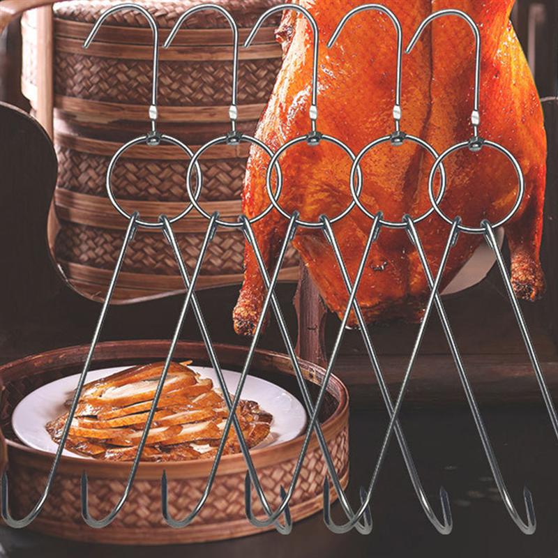 6 stk rustfrit stål dobbeltkød kroge tørring stegt andekrog bacon bøjle grill hængende rack  (3.5cm diameter 24.5cm længde)
