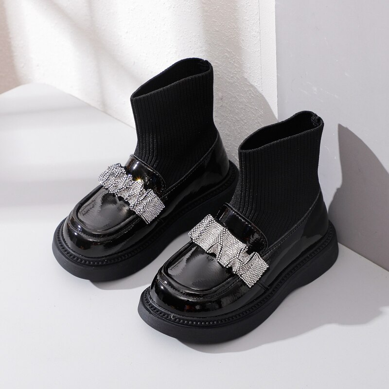 Girls Boots Autumn Kids Patent Black Short Chelsea Boots Rhinestone Children Shoes Brand Soft Thick Sole Platform: 11.5