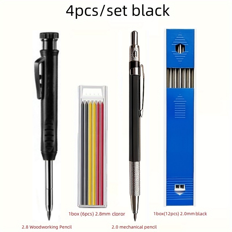 2.8/2.0mm solida mekaniska pennor för snickare med stiften inbyggd vässare markeringsverktyg för träbearbetning, mekaniska pennor för djupa hål: Svart