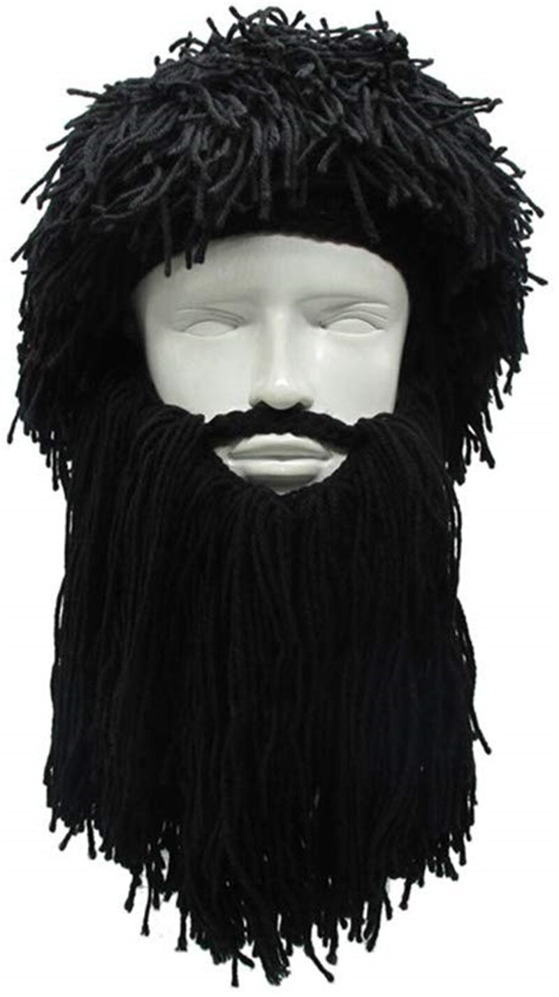 Newest Personality Crazy Winter Warm Cosplay Wig Ski Mask Caps Viking Beard Hat Barbarian Beanie Beard Hats: Black