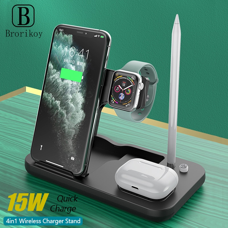 4in1 15W Wireless Charger Fold Stand for Apple Watch 5 4 3 2 iPhone 11 Airpods Pro Pencil Multifunction Wireless Charging Holder