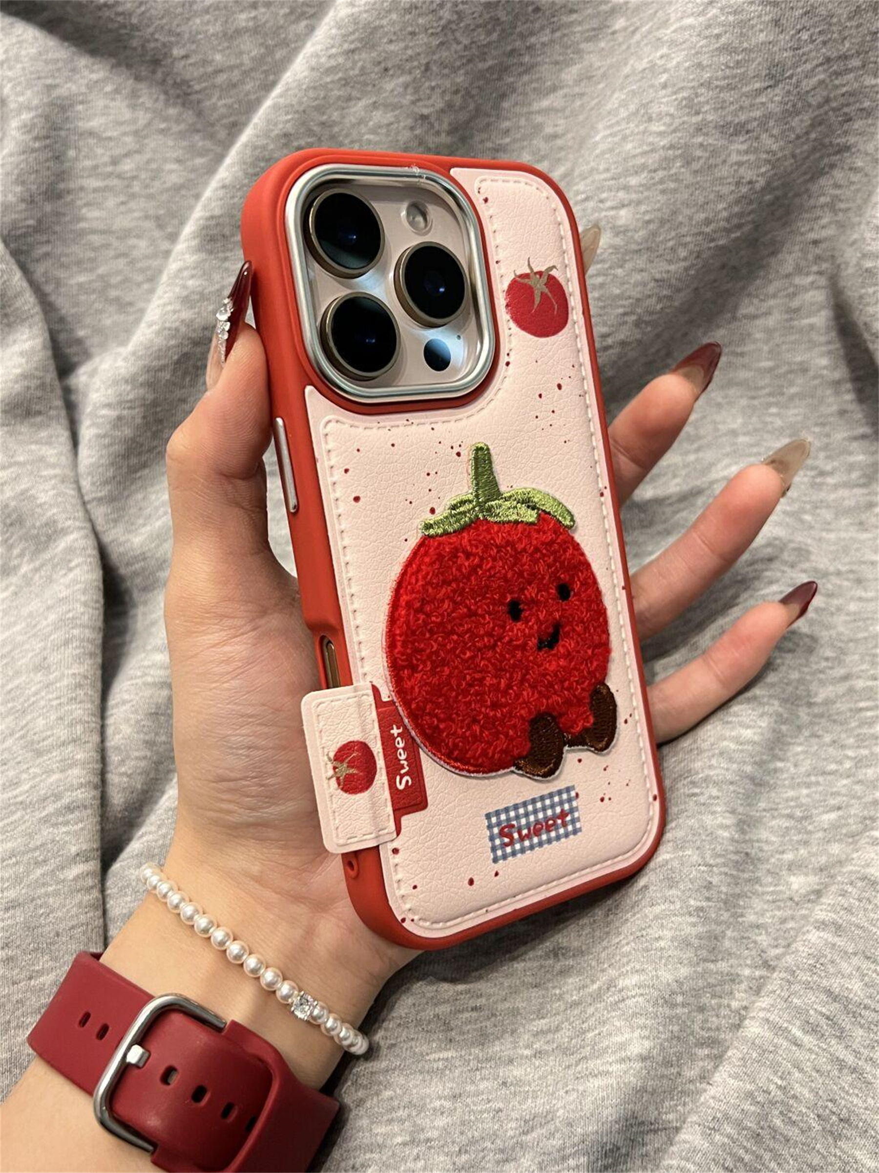 Ins coréen mignon broderie tomate cuir coque de téléphone pour iPhone 16 15 14 13 Pro Max 15 14 16 13 Pro caméra Protection couverture arrière: Tissu de coton