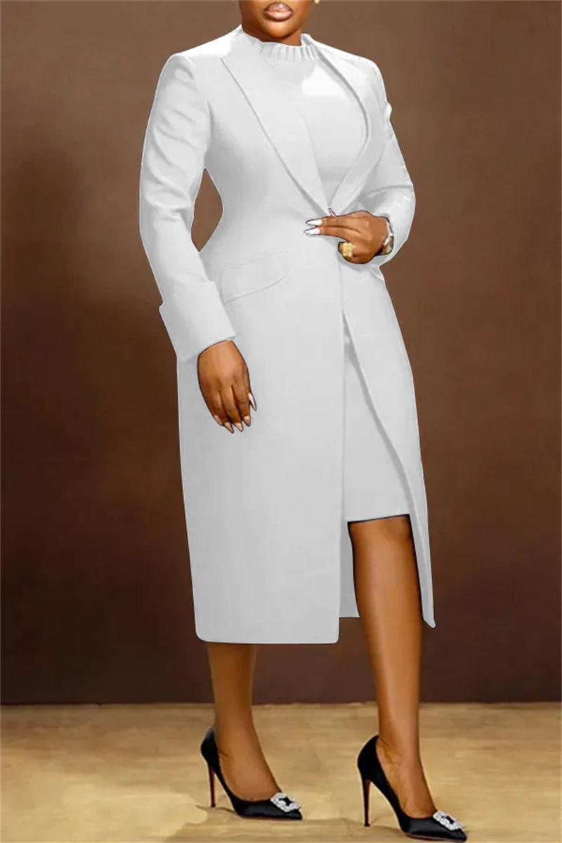 Elegante vintage 2-delige sets damesoutfit herfst winter kantoor dame zakelijk vest met lange mouwen jas en potloodjurksets: M / WHITE