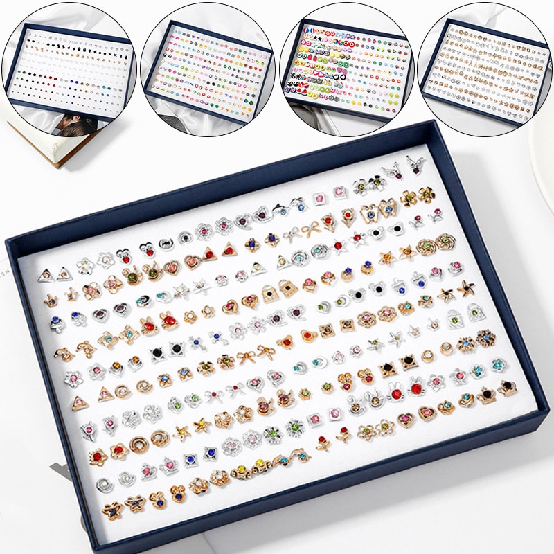 100 Pairs Boxed Leuke Oorbellen Gemengde Stijlen Kristal Kleine Stud Oorbellen Sets Meisje Geometrische Plastic Oorbellen Voor Vrouwen Sieraden