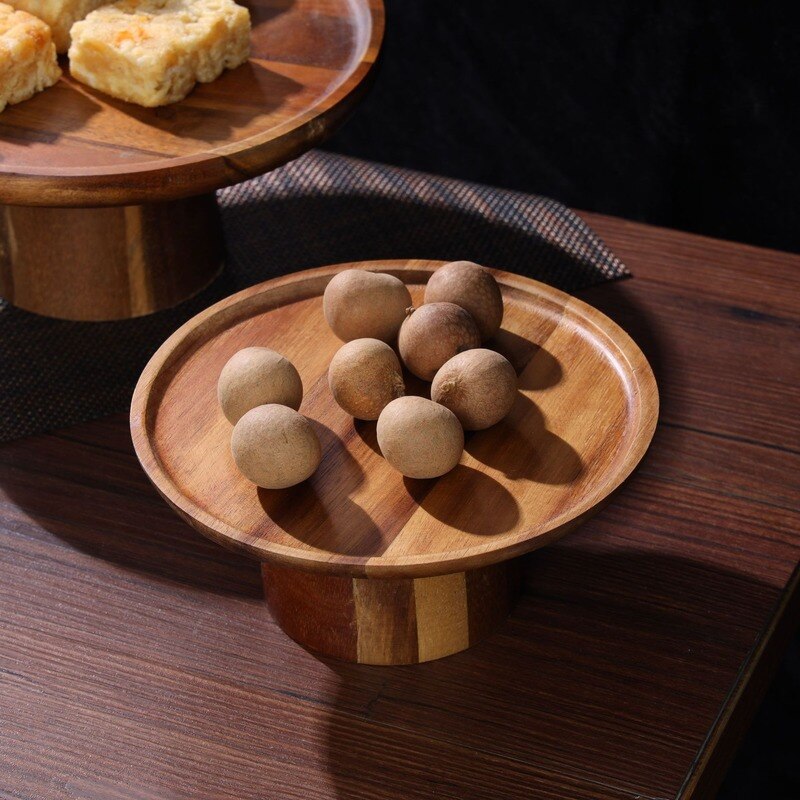 Japanese-style acacia wood high-footed cake stand solid wood dessert plate serving tray living room fruit snacks wooden plate