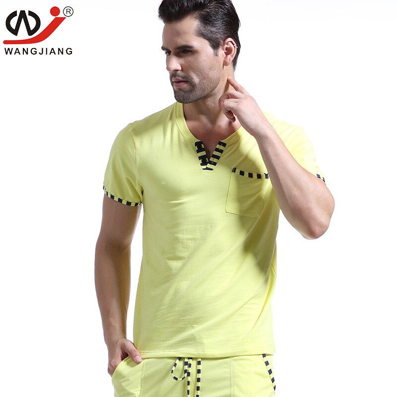 WJ Men&#39;s Casual Wear Cotton Clothes Home Furnishing V Neck Short Sleeved Men Comfortable Shirt(not Include Pants)