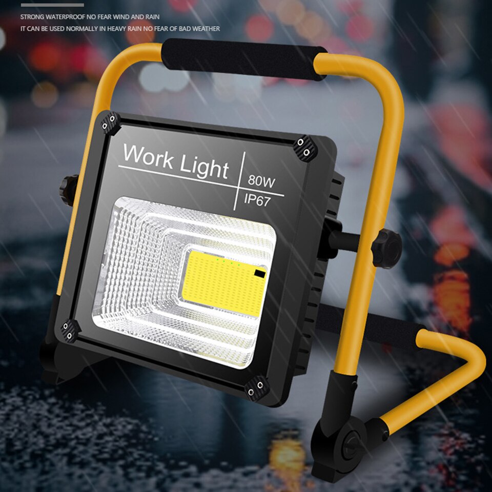 Solar Working Light 80W Waterproof IP67 Built in 18650 Battery Charge in Sun or Usb Rechargeable Industrial Portable Flood Lamp