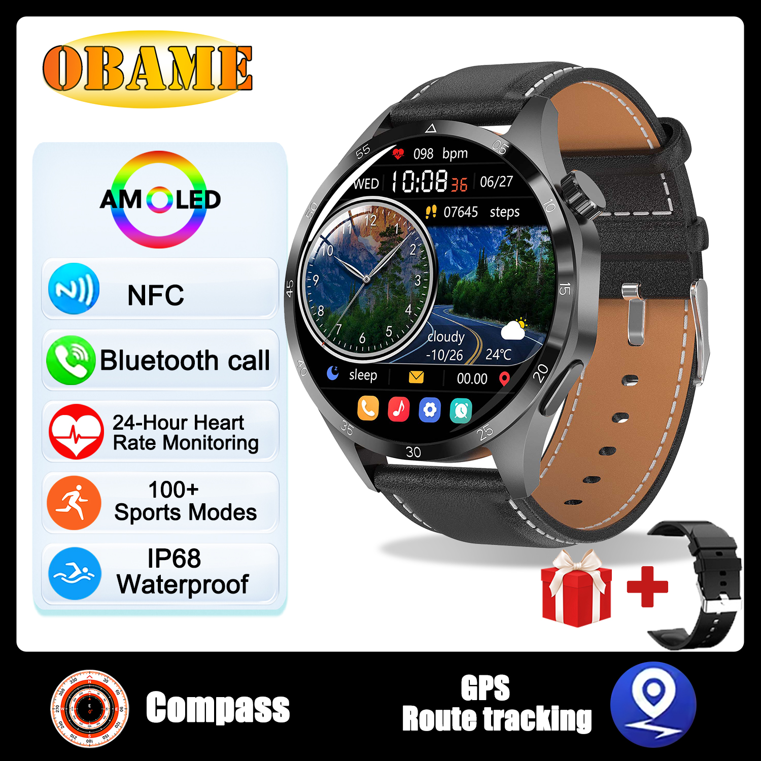 reloj inteligente clásico con GPS, pantalla AMOLED Ultra HD de 1,6 pulgadas, GPS incorporado, llamada BT, NFC, IP68, reloj inteligente resistente al agua para Android IOS: YELLOW