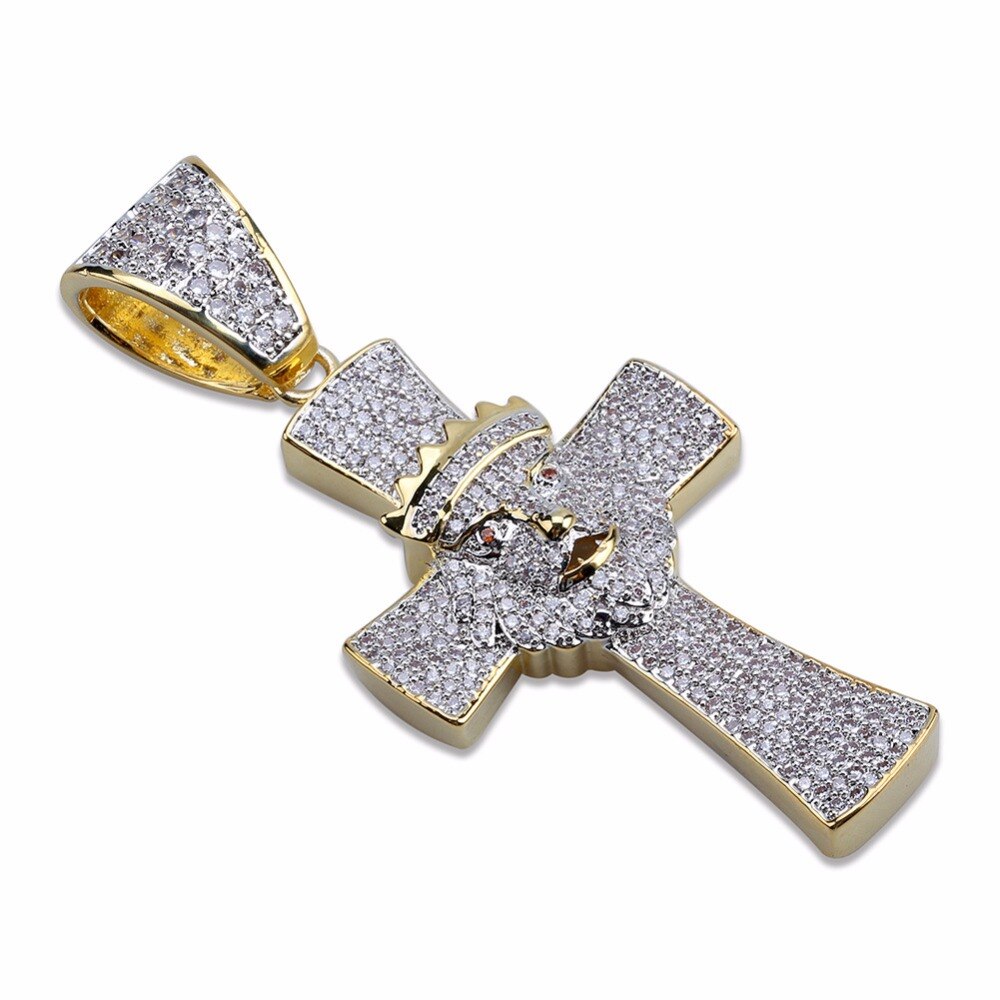 Hip Hop rapero Micro AAA + CZ hielo Bling oro corona León colgantes de Cruz collar de Signet para hombre joyería