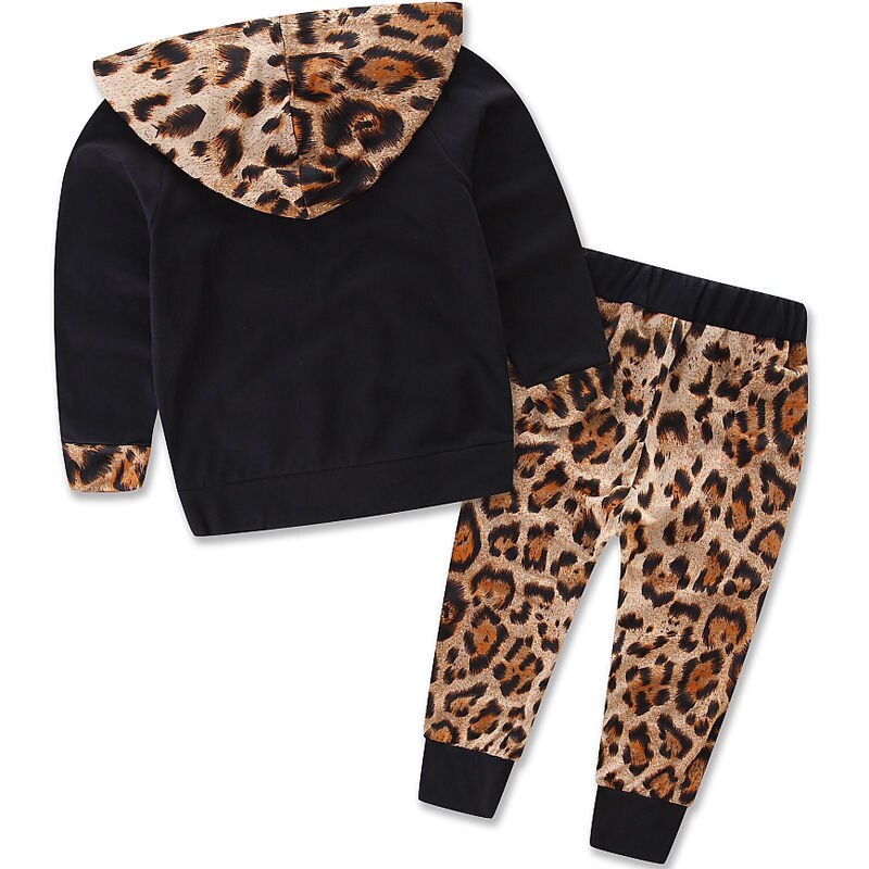Nueva mezcla de algodón patrón de leopardo 2 uds chico bebé niño niña deportes Pullover con capucha abrigo pantalones conjunto ropa atuendo