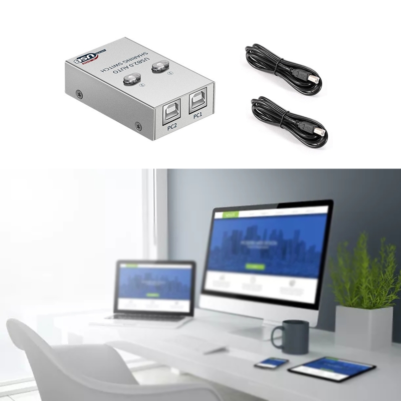 USB2.0 Auto Switch Hub Printer Sharing Device 2 in 1 Out Data Transfer Hub Converter Black/Silver