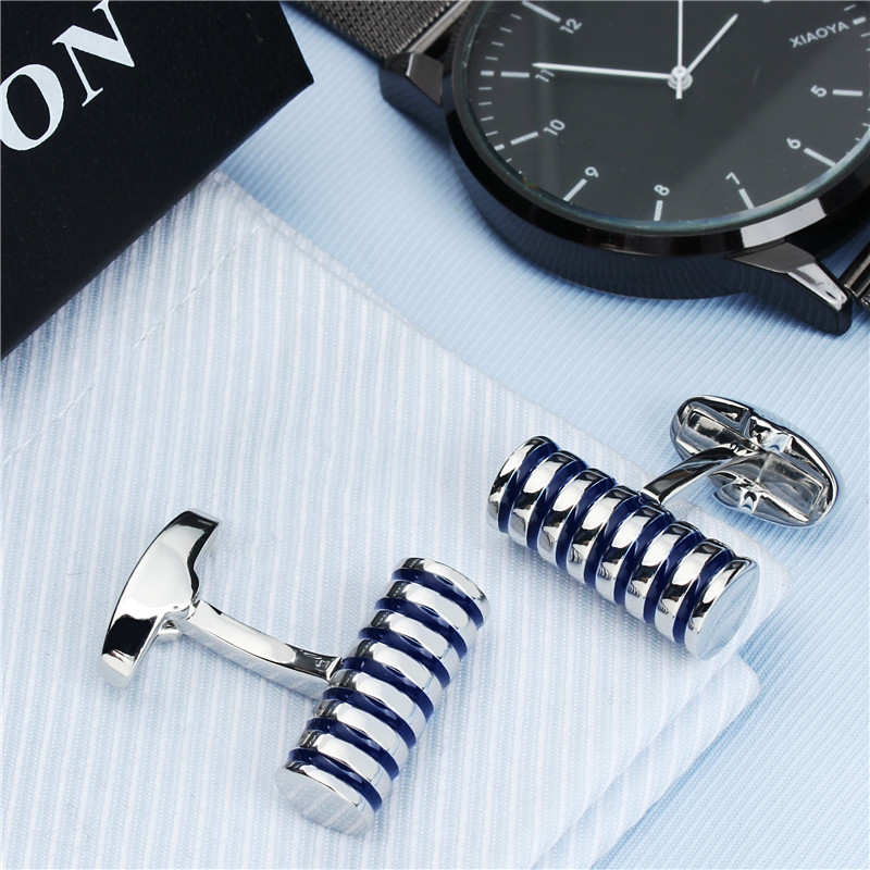 HAWSON Cylinder Enamel Round Cufflinks for Men and Luxury Men Cuff links, Cufflinks: Blue