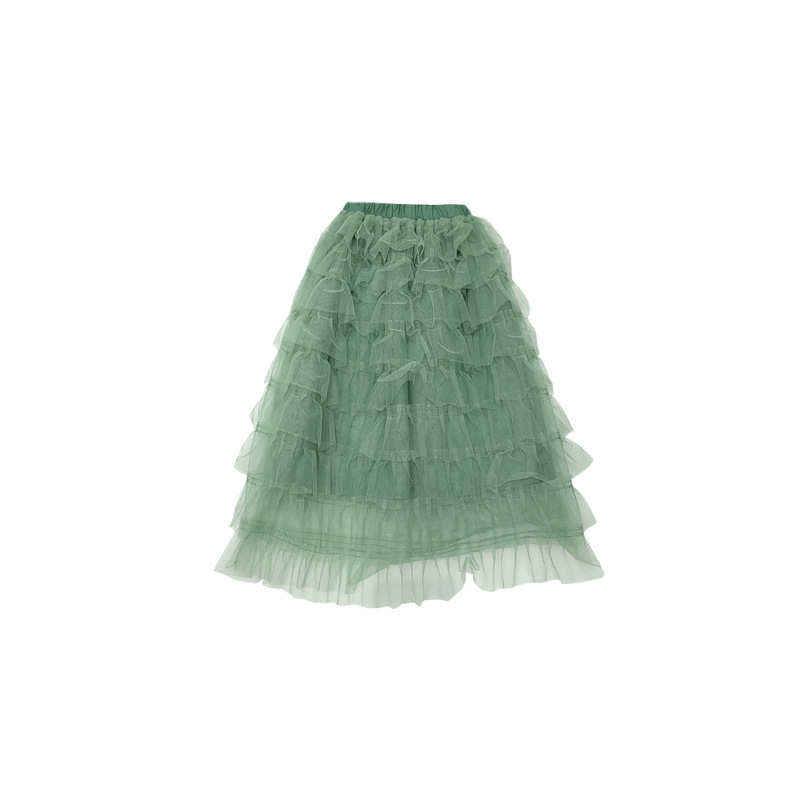 Spring Summer girls green mesh tiered skirt all-match layered skirts: 5T