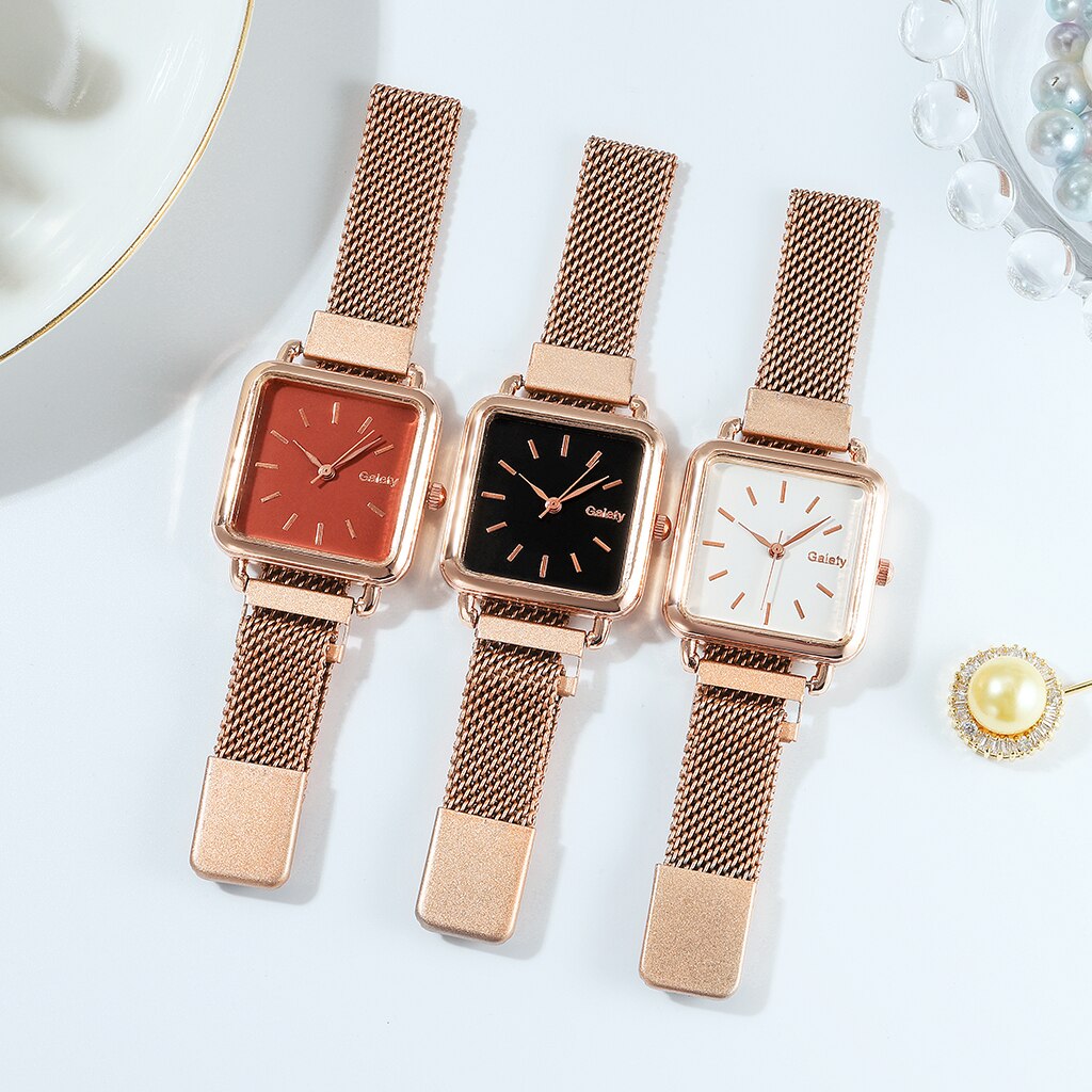 Gaiety brand dameure firkantet dame quartz ur armbånd solid urskive enkel rosa guld mesh luksus dameure