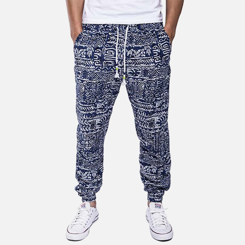 Hawaiian Mannen Bloemenprint Katoen Linnen Lange Harembroek Blauw Koortjes Zakken Man Broek Zomer Streetwear Joggers Mannelijke: M / Dark Blue