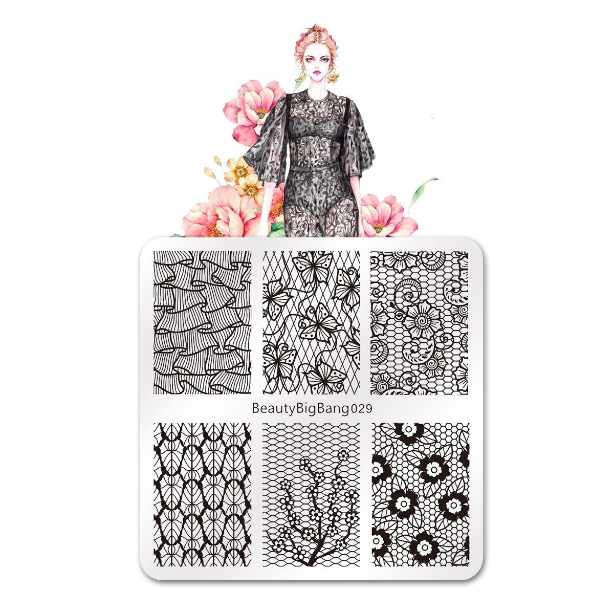 Plantillas para estampación de uñas BeautyBigBang, plantillas para estampado a rayas con código de barras, plantillas para imágenes de árbol de cebra, plantilla rectangular para estampación de uñas BBB 033: F