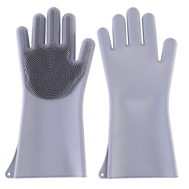 One Pair Dishwashing Cleaning Gloves Magic Silicone Rubber Dish Washing Glove For Household Scrubber Kitchen Clean Tool Scrub: One Pair Grey
