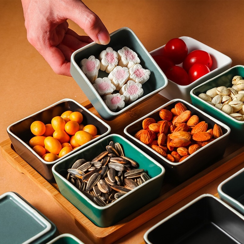 Ceramic Grid Snack Plate Fruit Plate Small Dish with Tray Serving Platter for Snack Nut Dessert for Home Store