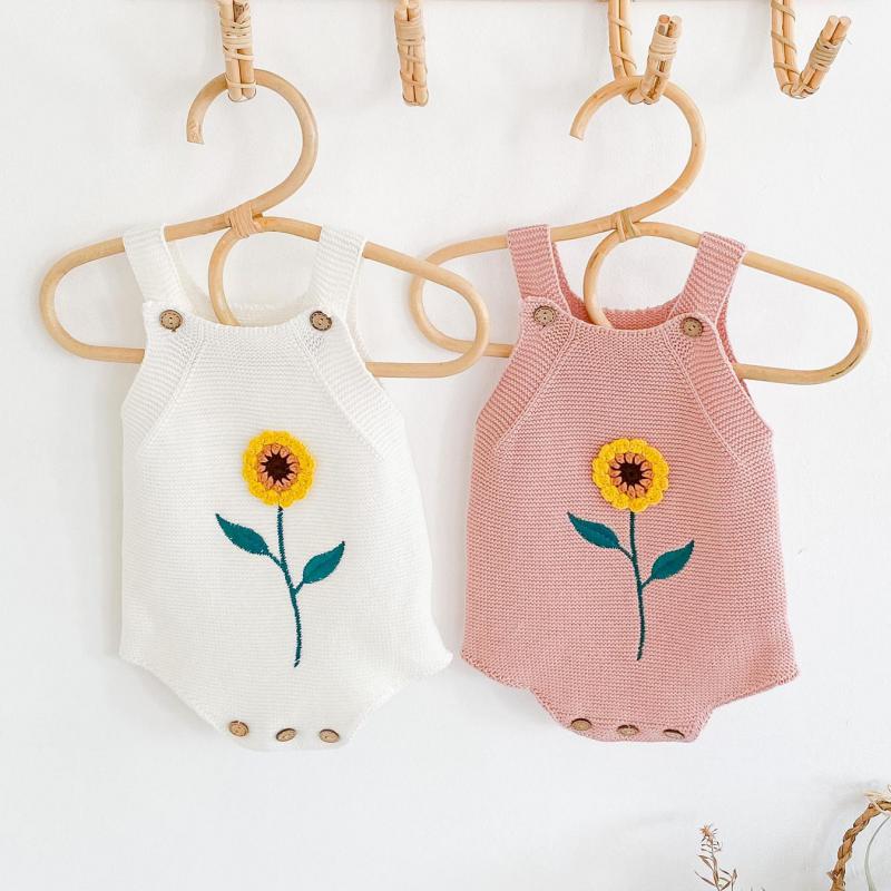 Nyfødt baby pige dreng strikket body solsikke print ærmeløs jumpsuit børn strik overalls efterårs baby tøj