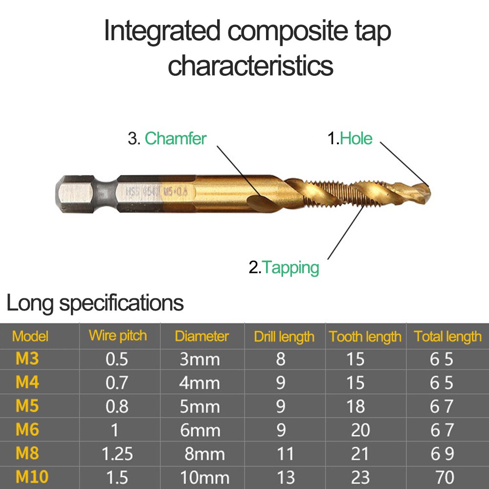 6/7Pcs HSS Screw Thread Metric Tap Drill Bits Set M3-M10 Hex Shank Titanium Plated Compound Screw Tap Drill Bit Set Hand Tools