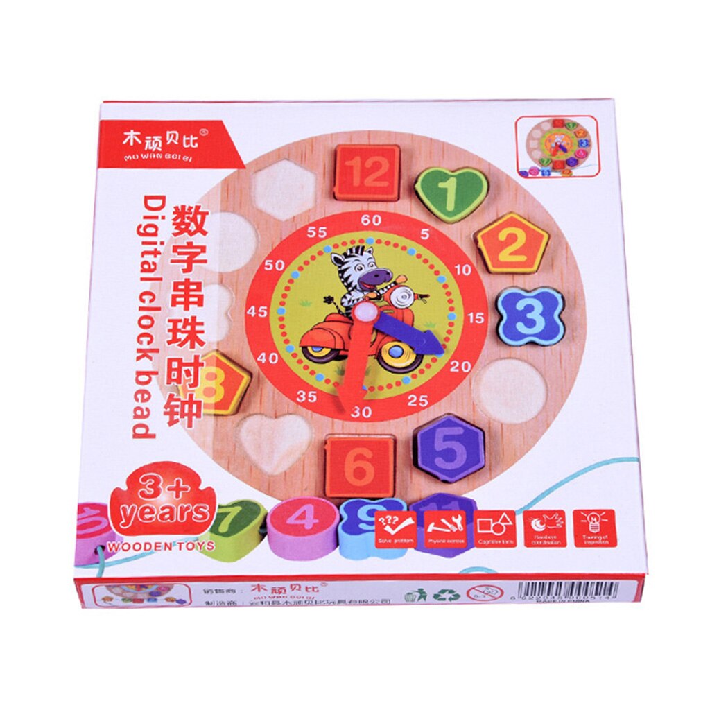 Geometry Clock Block Puzzle Wooden Cartoon Pattern Threading Digital Clock Geometric Shape Early Education Enlightenment Toy