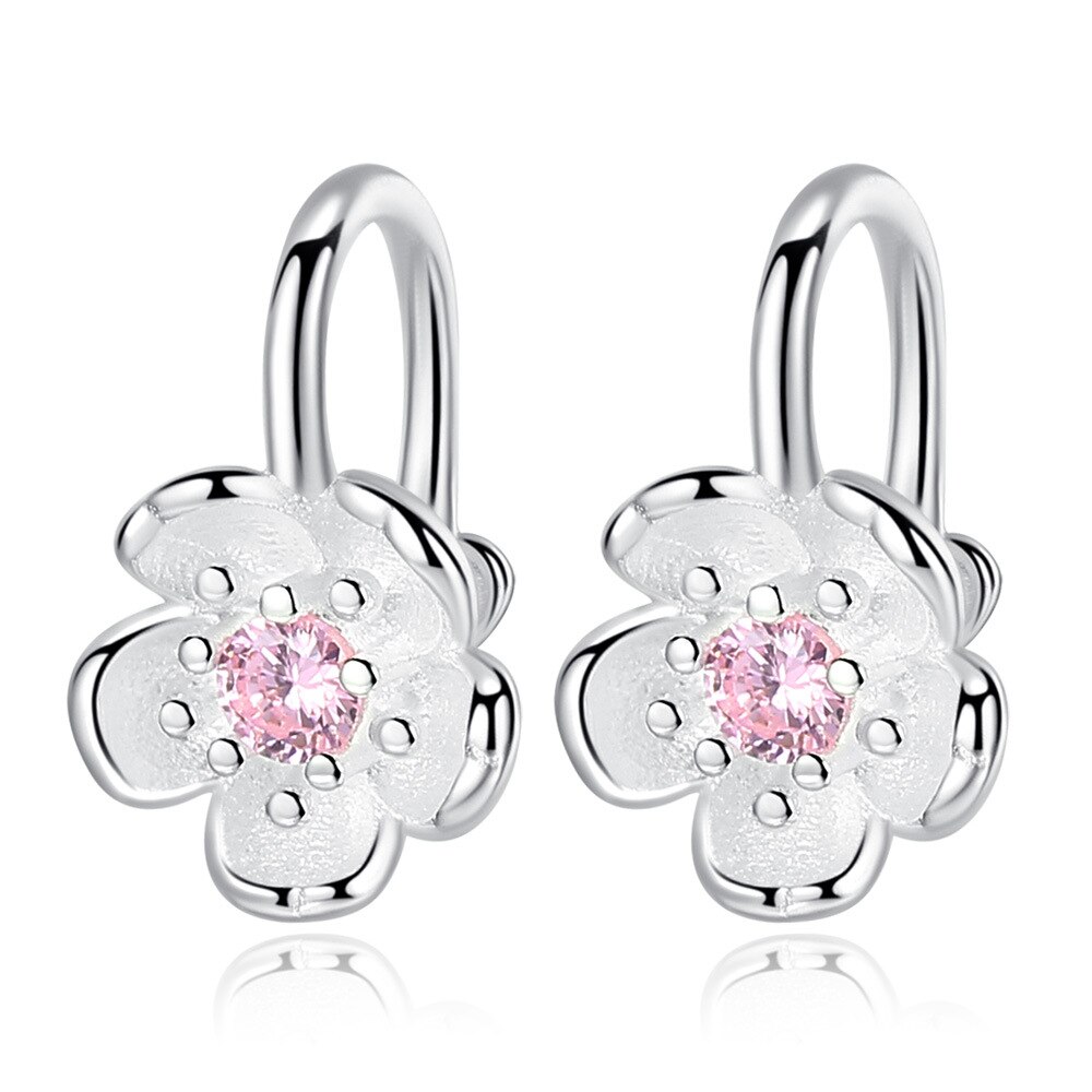 Korea Style Crystal Cherry Blossom Flower Clip on Earrings Without Piercing for Girls Party Sweet Silver Color No Hole Ear Clip: silver pink