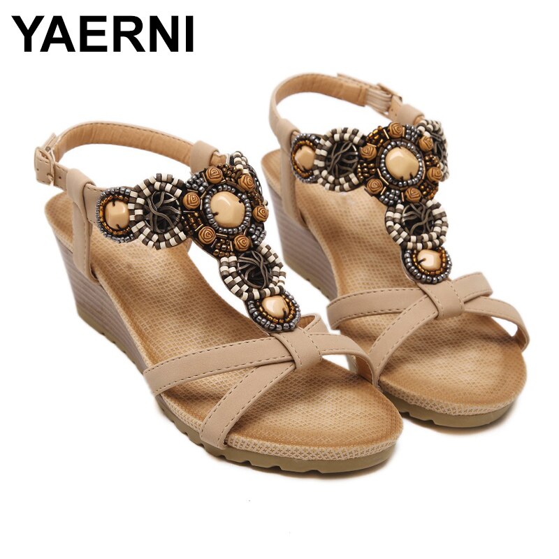 Yaerni bohemia keilsandalen für damen, sommer, Jahrgang, strass, kippen-Flops, strandschuhe