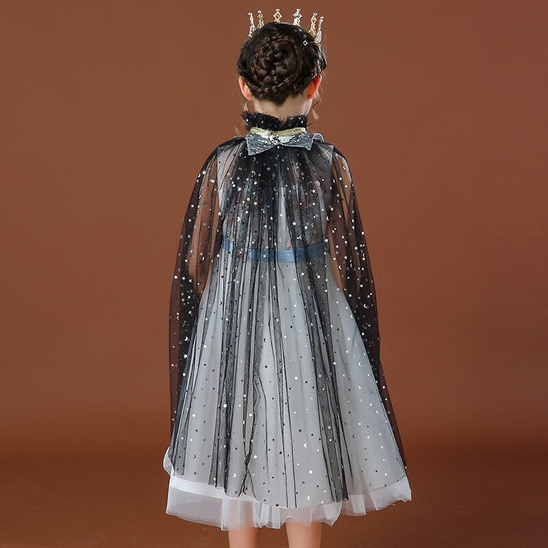 Boiiwant 4-10t pige regnbue pailletter kappe kappe kostume snoretræk tyl prinsesse sofia jasmin aurora fancy dress up kappe: Sort / 7 to 10t