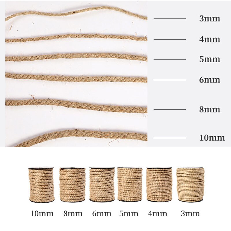 Cuerda de Yute Natural de 1mm, 3mm, 4mm, 5mm, 6mm, 8mm y 10mm, cordón de macramé para decoración del hogar, decoración para de rascado de mascotas, manualidades DIY